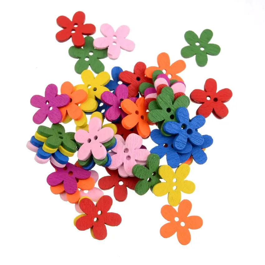 Free Shipping Retail 50Pcs Randomly Mixed Flowers 2 Holes Wood Painting Sewing Buttons Scrapbooking 15x15mm F0186 | Дом и сад