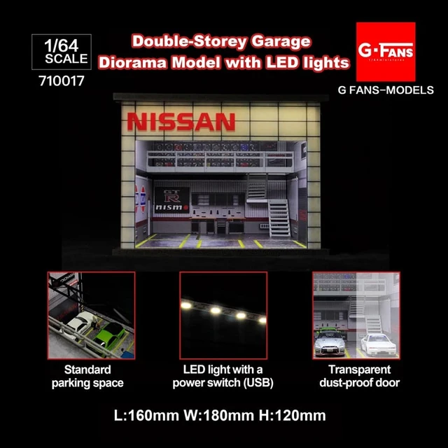 GFANS-MODEL 1: LEDライト付き64ジオラマダブルデッキガレージ日産