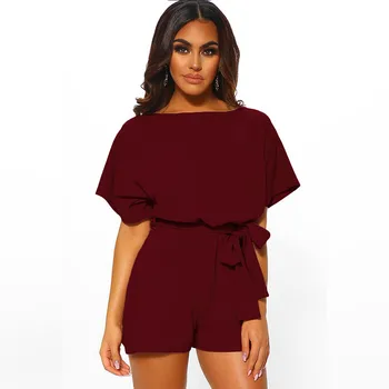 

2020 new shorts fashion trend solid color belt short sleeve jumpsuit Black