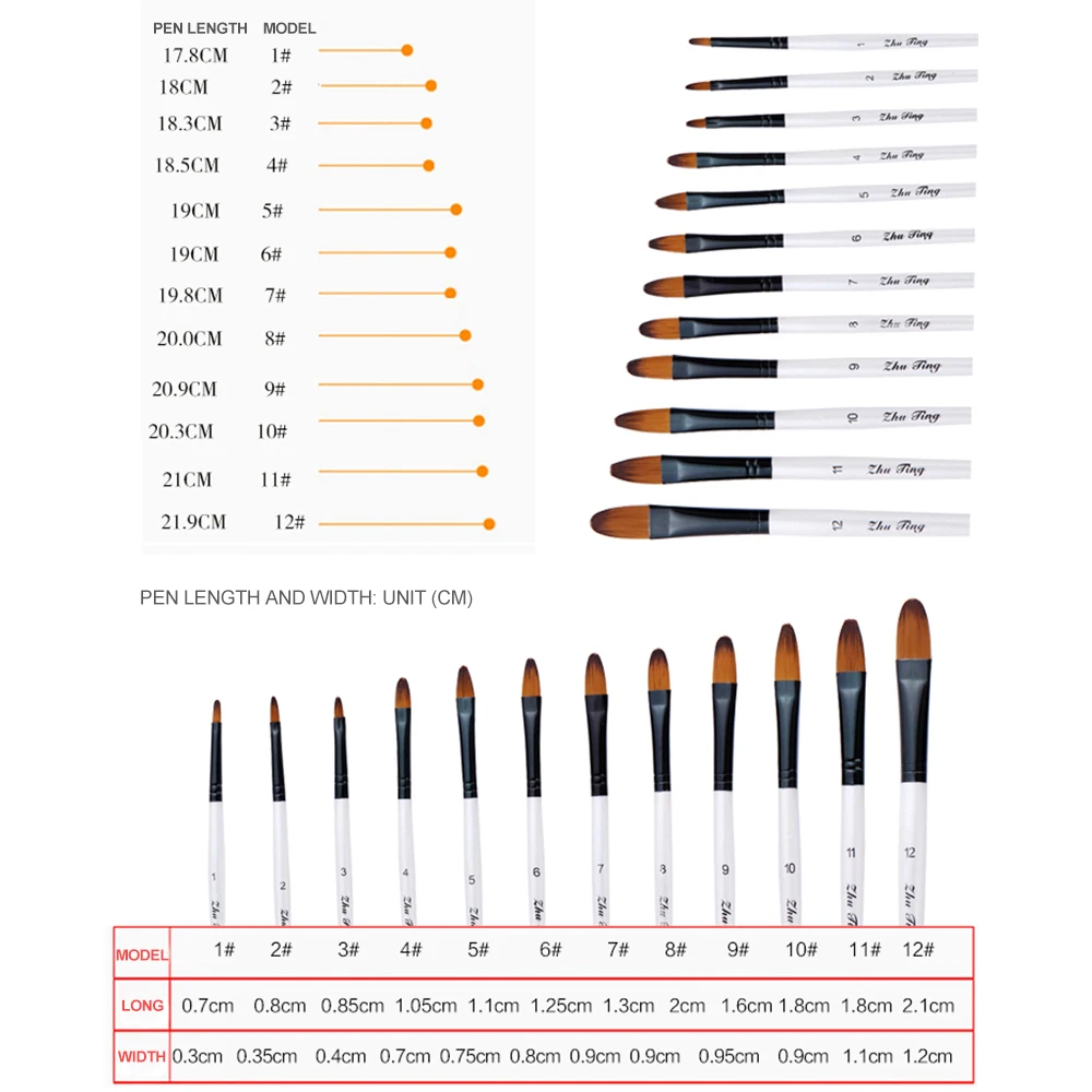 Brush Pen Delicate Durable Nylon 12Pcs Craft Art Drawing Supplies Painting Brush Acrylic Nylon Hair Paintbrush