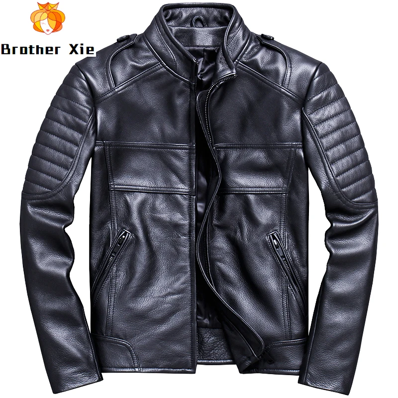 

2020 Men's Motorcycle Biker Cow Leather Jacket Black Pleated Slim Genuine Cowhide Leather Jacket Windbreaker Coat Winter Outwear