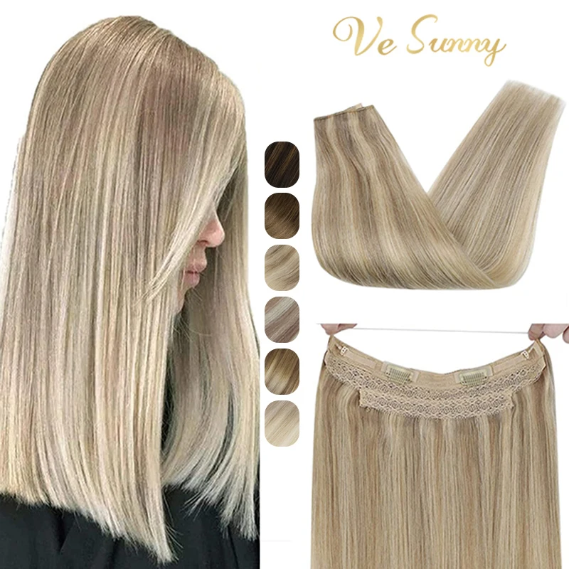 VeSunny-extensiones de cabello de Halo Invisible, máquina de alambre de pelo humano Remy con 2 Clips en reflejos rubio oscuro
