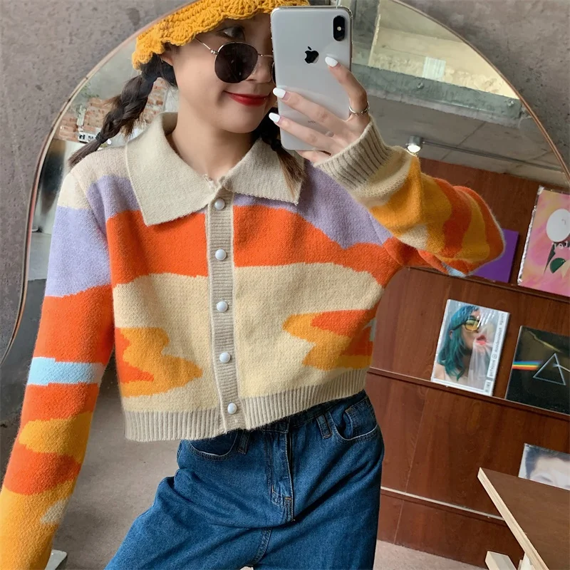 

2020 Autumn Crop Top Outwear Trendy Cardigans Women Turn-down Collar Patchwork Design Retro Elegant New Fashion Sweaters Womens