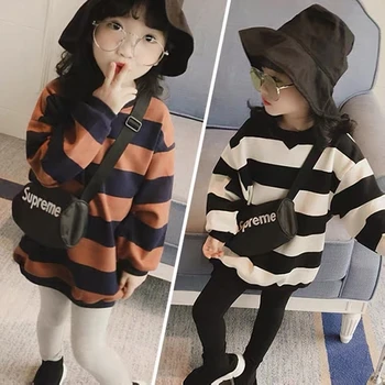 

Spring and Autumn Girls Round Neck Long Sleeve Clothes Fashion Street Striped Clothes Korean Mid-length Girl Tops