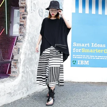 

Women Black Asymmetrical Split Big Size T-shirt New Round Neck Short Sleeve Fashion Tide Spring Autumn 2020