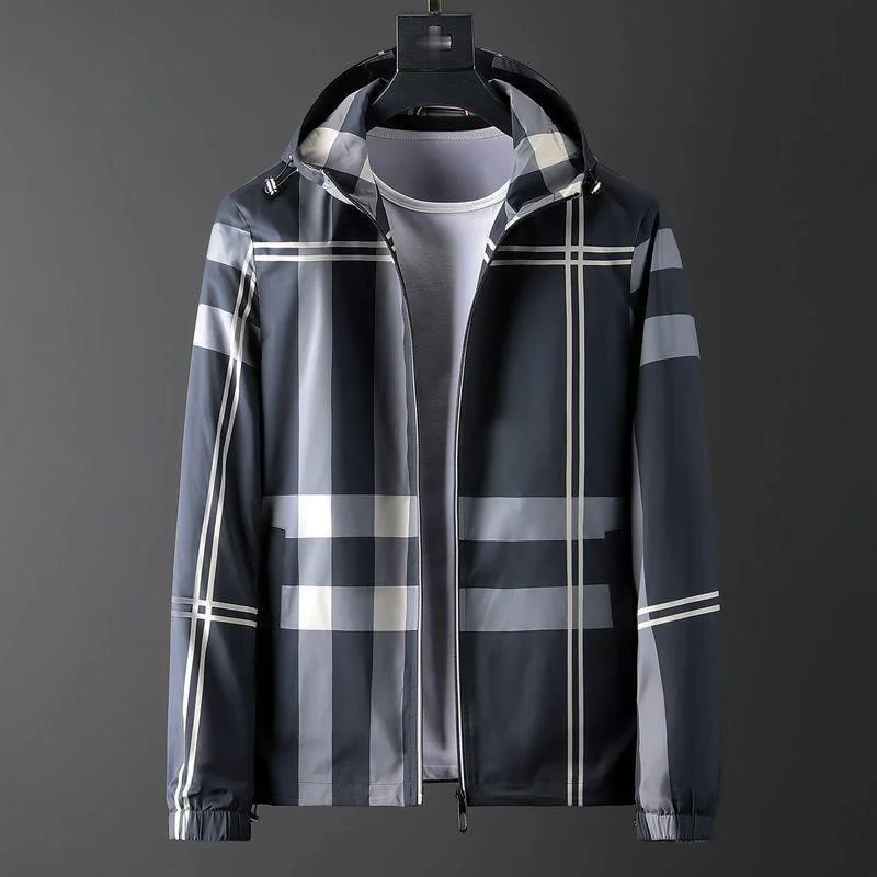 

High Quality Autumn and Winter Plus Cotton Casual Jacket Men's Silky Hooded Slim Fit Fashion Contrast Color Plaid Jacket Men