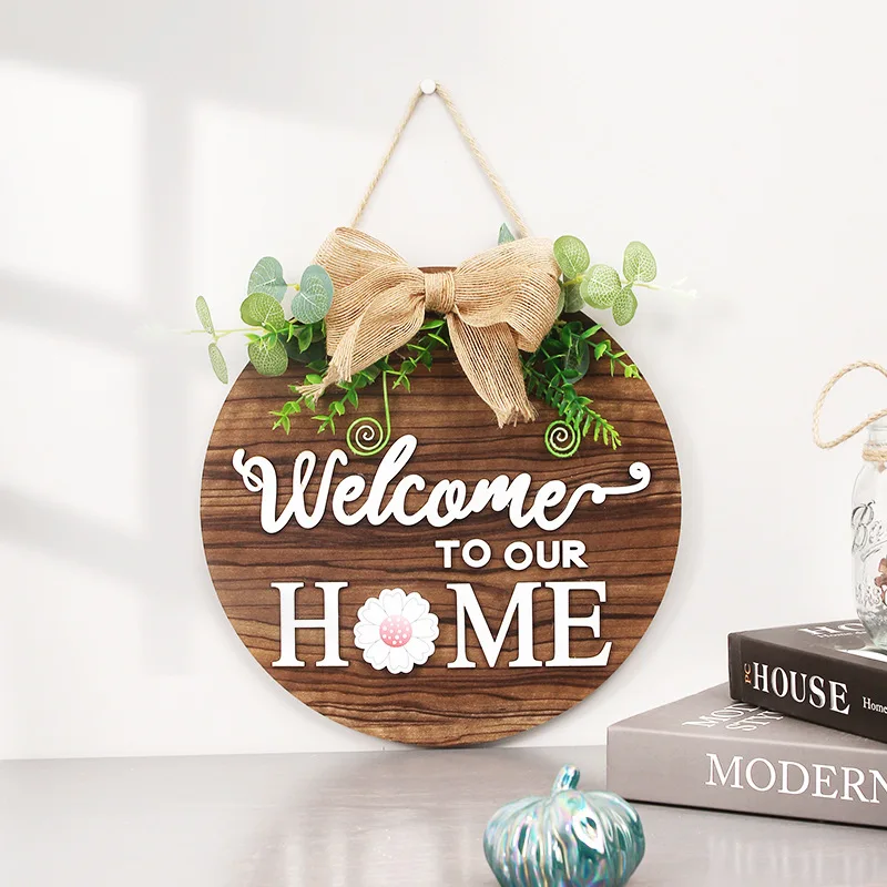 

Wooden Board Round Wreath Hanging Seasonal Welcome to Our Home Sign Front Door Sign Interchangeable Pendants for Greeting