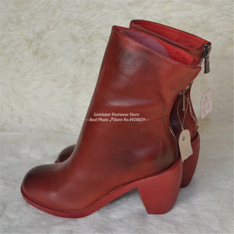 Casual Boots Women Round Toe Square High Heel Slim Zipper Ladies Party Bottes Solid Color Comfy Genuine Leather Boots Woman