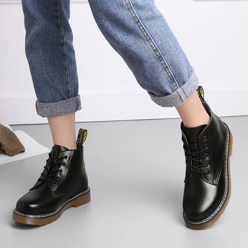 Skup 2019 botki damskie zimowe oryginalne skórzane sznurowane damskie buty do pracy okrągłe Toe jesienne buty czarne kobiece moda utrzymuj ciepło