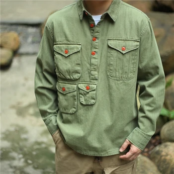 

men shirts Autumn and winter army green loose military style pullover shirt Multi-pocket semi-open collar shirt Distressed coat