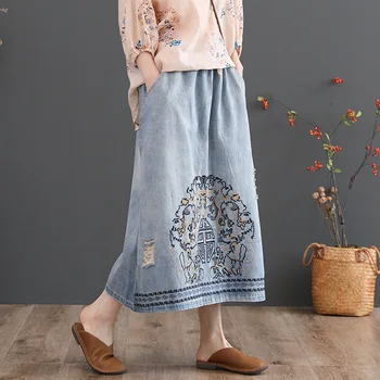 

Women Denim Skirt Long Embroidery Distressed Ripped Holes Blue Retro Vintage Fashion Casual AZ19281724