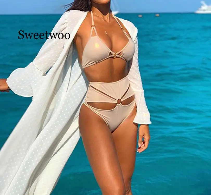 Fashion Womens Long Cover up Sheer Bikini Coverups Trumpet sleeve Front Bathing Sexy Suit Swimsuit Beachwear Cardigan