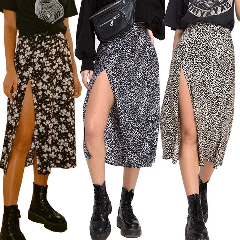Leopard Skirts Split Floral Black Sexy Green Fashion Woman Fall Loose Lady