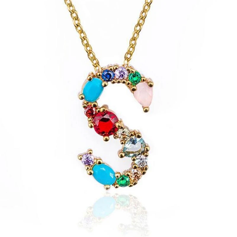 1 шт. модный золотого цвета Micro Pave Rainbow CZ кубический цирконий A-Z инициалы буквенные ожерелья с подвесками для женщин ювелирные изделия - Окраска металла: S