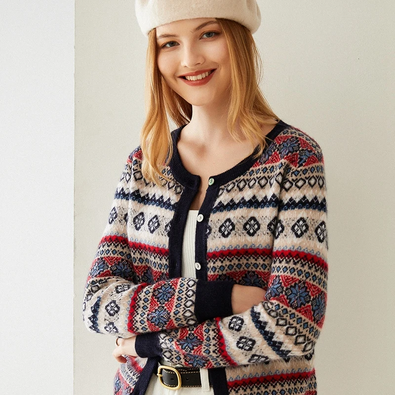 

2020 Autumn Winter Round Collar Pure Cashmere Women's Knitting Retro Thickened Jacquard European Station Coat