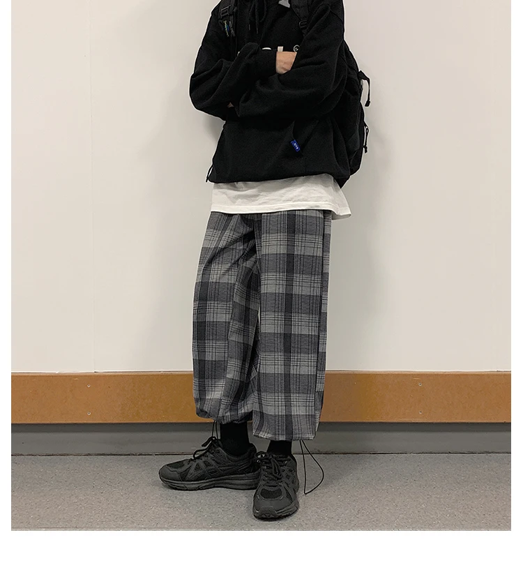 Kpop Men's Plaid Pants Retro Relaxed Check Straight Trousers 