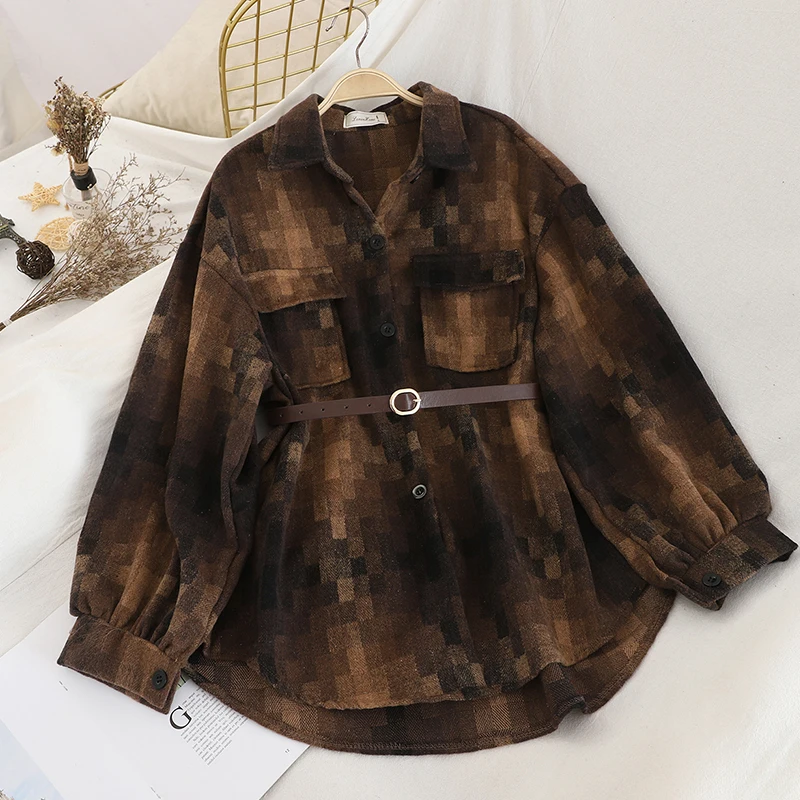 Neploe Ретро клетчатая однобортная блузка Модная тонкая талия пояс карман Blusas отложной воротник длинный рукав рубашка свободная 48261