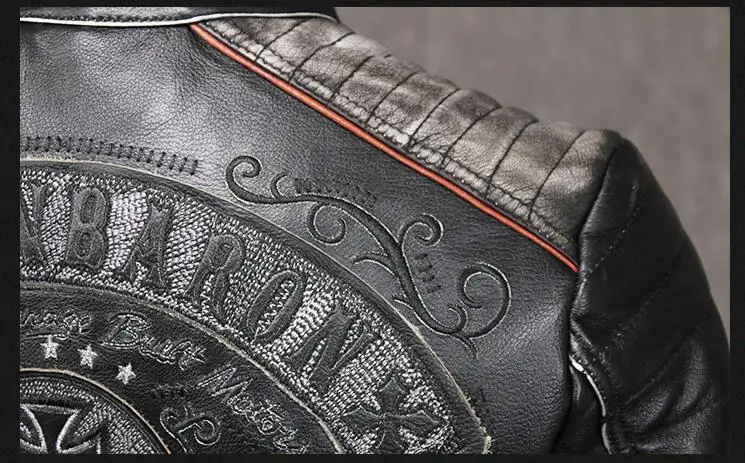 Vintage Black Men Skulls Embroidery Biker's Leather Jacket Plus Size XXXXL Genuine Cowhide Spring Slim Fit Leather Coat