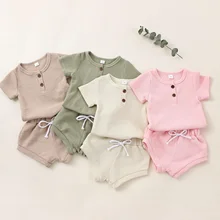

Kids Baby Clothing 2PCS Solid Color Pants Suit Short Sleeve Plain Buttons O-Neck T-Shirts High Waist Tie-Up Triangle Short Pants
