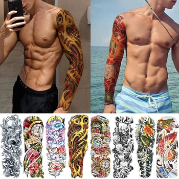 

Full arm temporary tattoo sticker Mechanical body waterproof tattoos Koi Dragon Large long watercolor arm ink tattoo for men