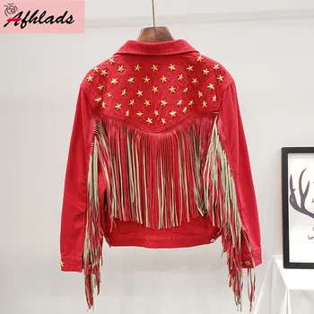 

2020 Spring And Autumn New Rivet Tassel Patchwork Jacket Female Personality Single-Breasted High Quality Women Denim Jacket