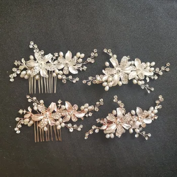 

SLBRIDAL Handmade Rhinestones Crystal Freshwater Pearls Flower Wedding Hair Comb Hair Clip Bridal Hair Accessories Women Jewelry