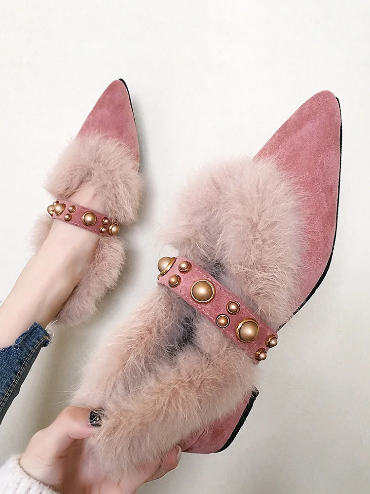 

Online Celebrity Fashion WOMEN'S Shoes 2019 New Style Autumn Shoes Korean-style Fashion Pearl Rivet Fluffy Shoes Pointed-Toe Buc