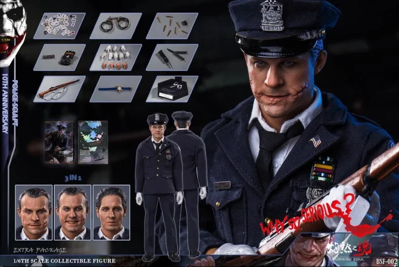 

1/6 scale Police man joker Bsf002 Batman Heath Ledger Clown policeman figure model W 3 heads 10th anniversary by Burning Soul
