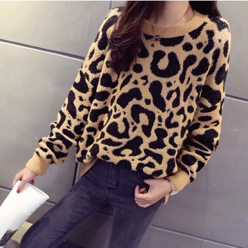 Gaganight, женский леопардовый вязаный свитер, зимний, животный принт, осень, толстый, длинный рукав, женские пуловеры, повседневные топы, свободные, модные