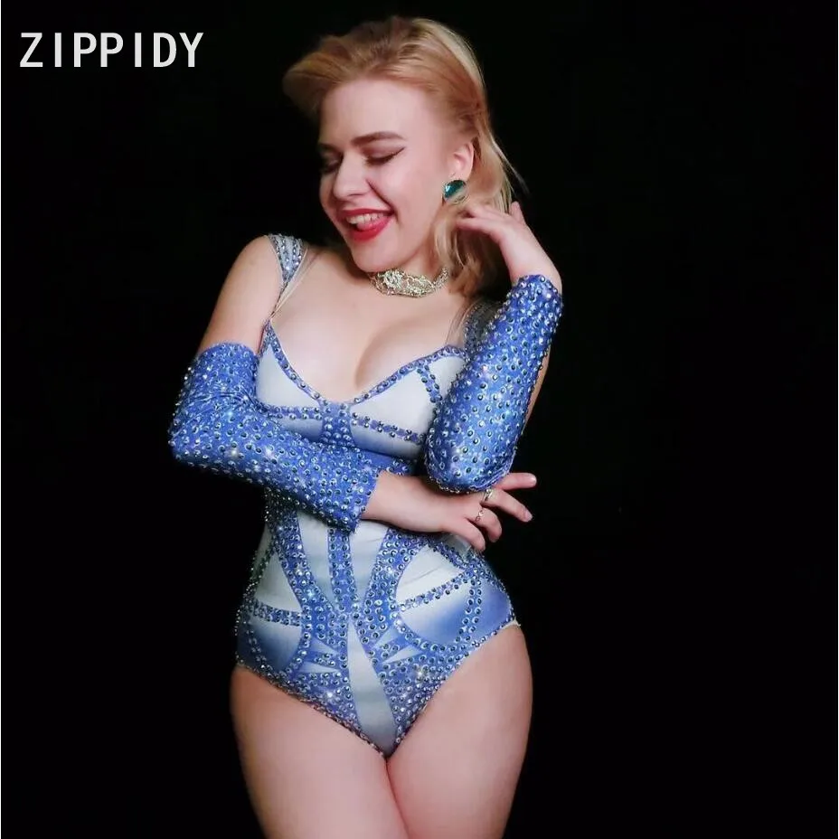 

2019 Blue Rhinestones Bodysuit Prom Bar Women Singer Costume Birthday Celebrate Outfit Evening Dance Stage Outfit