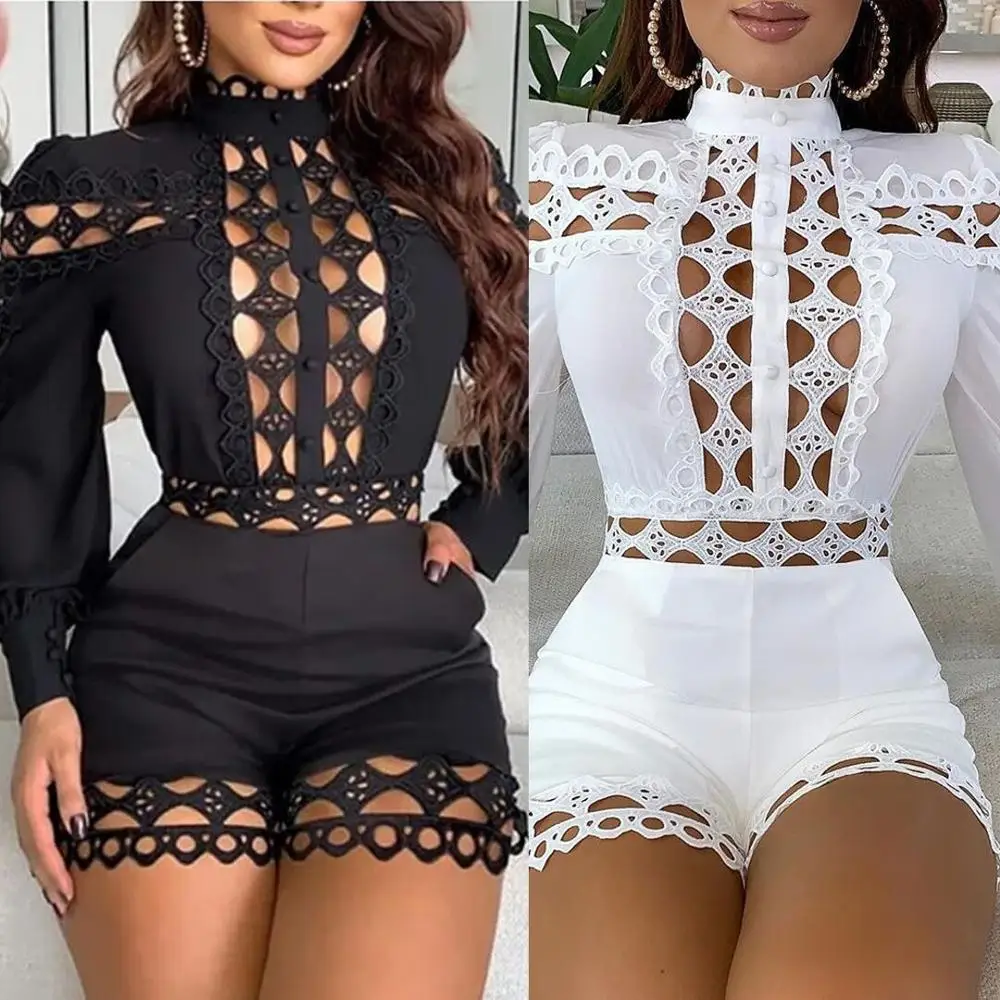 Monos calados para mujer, monos sexys con cuello levantado y mangas esponjosas cortas para Fitness y fiesta en club nocturno