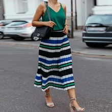 Женская Полосатая плиссированная длинная юбка, весна-осень, цветная, высокая талия, эластичная, модная, дикая, макси юбка, женская уличная юбка, D30