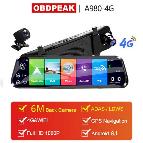 A980 with 6M Camera 4G Автомобильный видеорегистратор 1" Android 8,1 потоковое зеркало заднего вида FHD 1080P ADAS Dash Cam камера видео рекордер Авто регистратор Dashcam gps DVRS - Название цвета: A980 with 6M Camera
