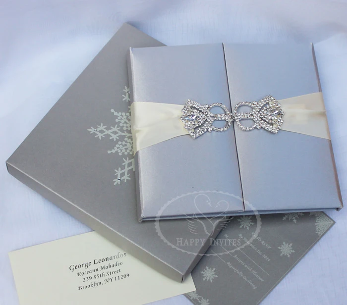HI2003-84 Custom Silver Silk Folder Invitation with Snow Elements for Romantic Winter Wedding  More Colors Available