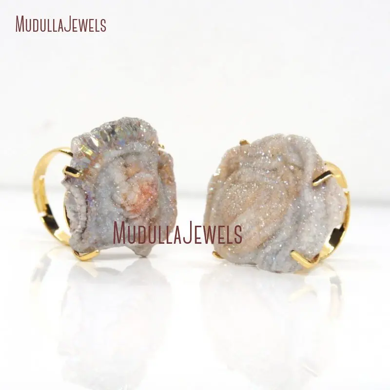 RM28214 Солнечное кварцевое КОЛЬЦО Druzy, заполненное золотом, Серебряное регулируемое кольцо Agates Drussy RM28214 - Цвет основного камня: RM28214