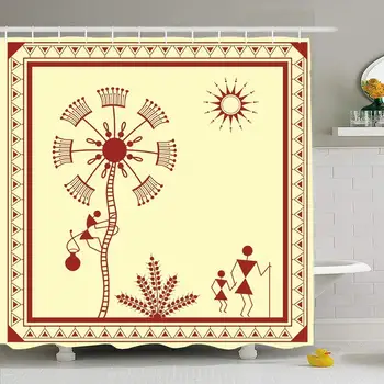 

Shower Curtain Set with Hooks 60x72 Indian Tribal Painting Warli Ornamental Tree Walking People Branches Artistic Nature Folk