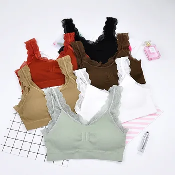 

Girls/ladies Vest Sweet Sexy Lace Shoulder Strap Bra Cotton Vest Sexy V-neck Lace Vest with Massage Chest Pad Bra Casual