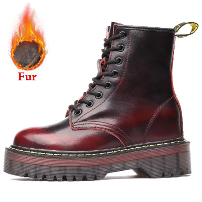 red with fur Осенне-зимние ботинки на платформе и толстом каблуке; модные кожаные ботинки на меху с круглым носком на шнуровке; женская обувь; женские ботинки; ботильоны; botas mujer - Цвет: red with fur