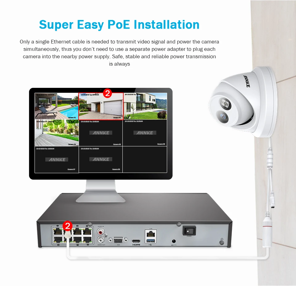 ANNKE, 4 шт., Ультра HD, 8MP, POE камера, 4 K, для улицы, в помещении, защита от атмосферных воздействий, сетевая купольная, EXIR, ночное видение, оповещение по электронной почте, комплект видеонаблюдения