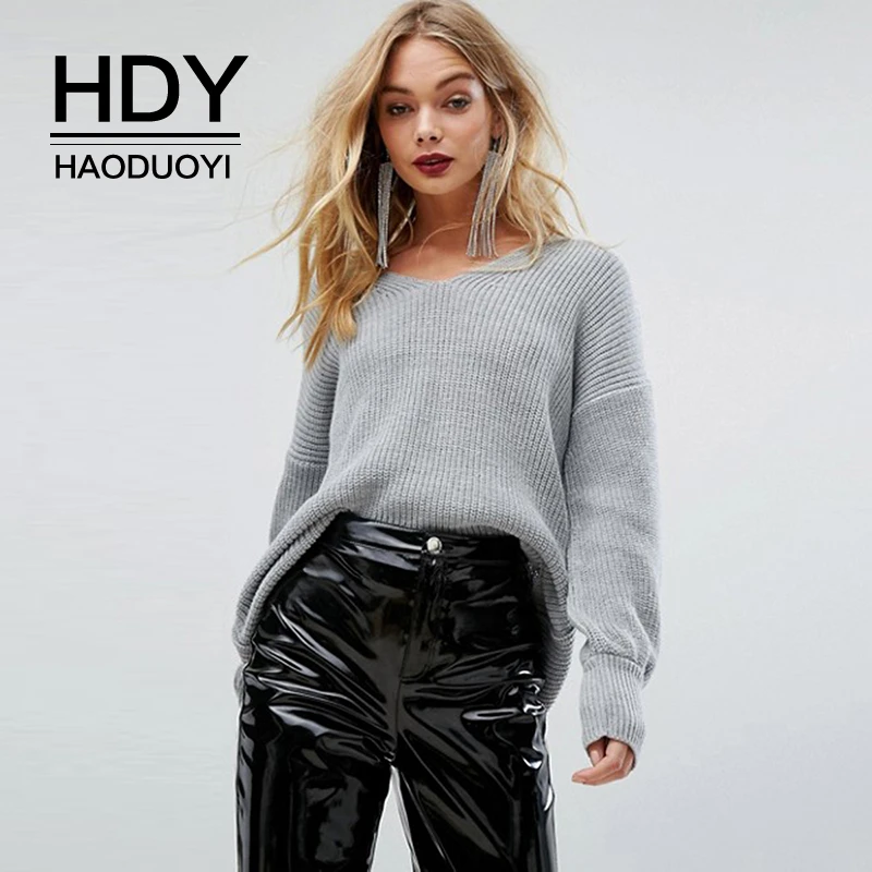 

HDY Haoduoyi Autumn Fashion Trend Personality Simple Casual Loose Solid Soft Warm Back Hollow Slit Long Sleeve V-neck Sweater