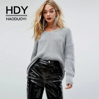 

HDY Haoduoyi Autumn Fashion Trend Personality Simple Casual Loose Solid Soft Warm Back Hollow Slit Long Sleeve V-neck Sweater