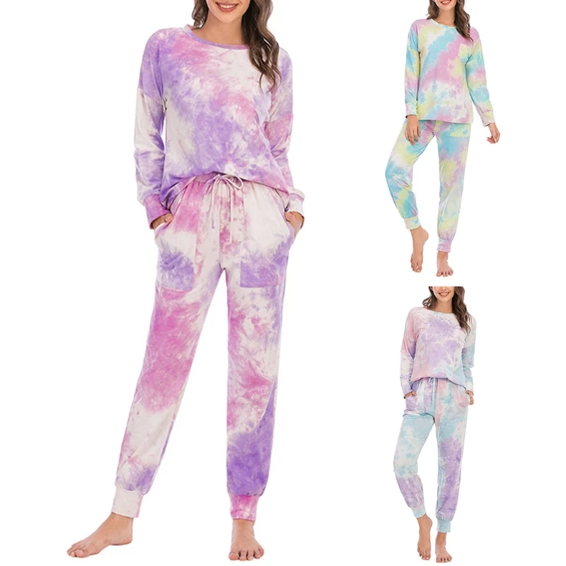 

Women Gradient Tie-Dye Pajamas Long Sleeve Top Drawstring Jogger Pants Sleepwear