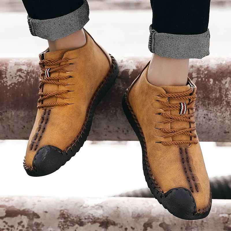 

Brand Mens Black Boots Warm Winter Men Boots Leather Casual Men Shoes With Plush Men Work Platform Boots Big Size 45 46 47 48