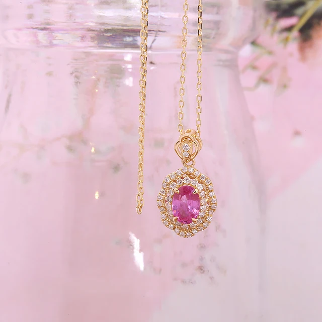 AEAW 18K Yellow Gold 0.778ct Pink Sapphire Engagement Pendant Necklace Side Diamond Pendants Accessories Women Romantic Gift 6