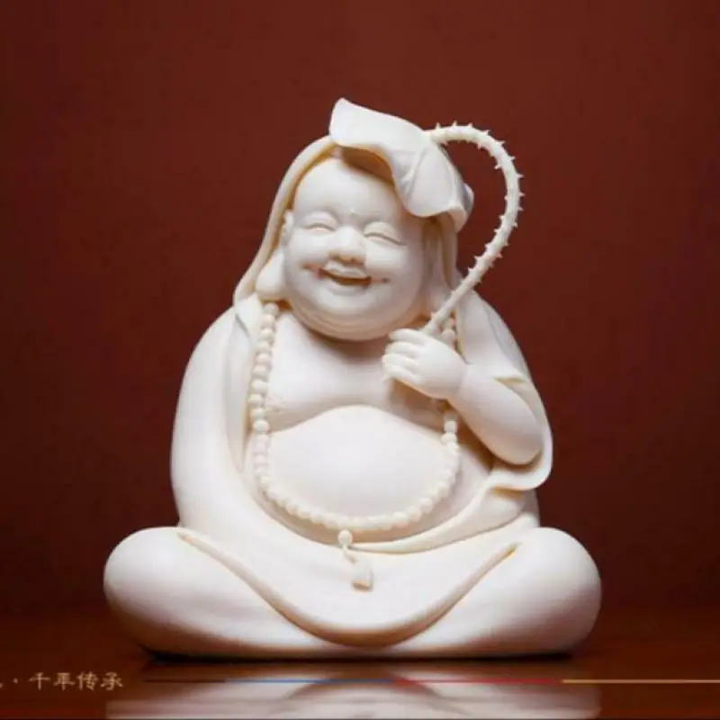 

5" Chinese Dehua White Porcelain Happy Laugh Maitreya Buddha Lotus Leaf Statue