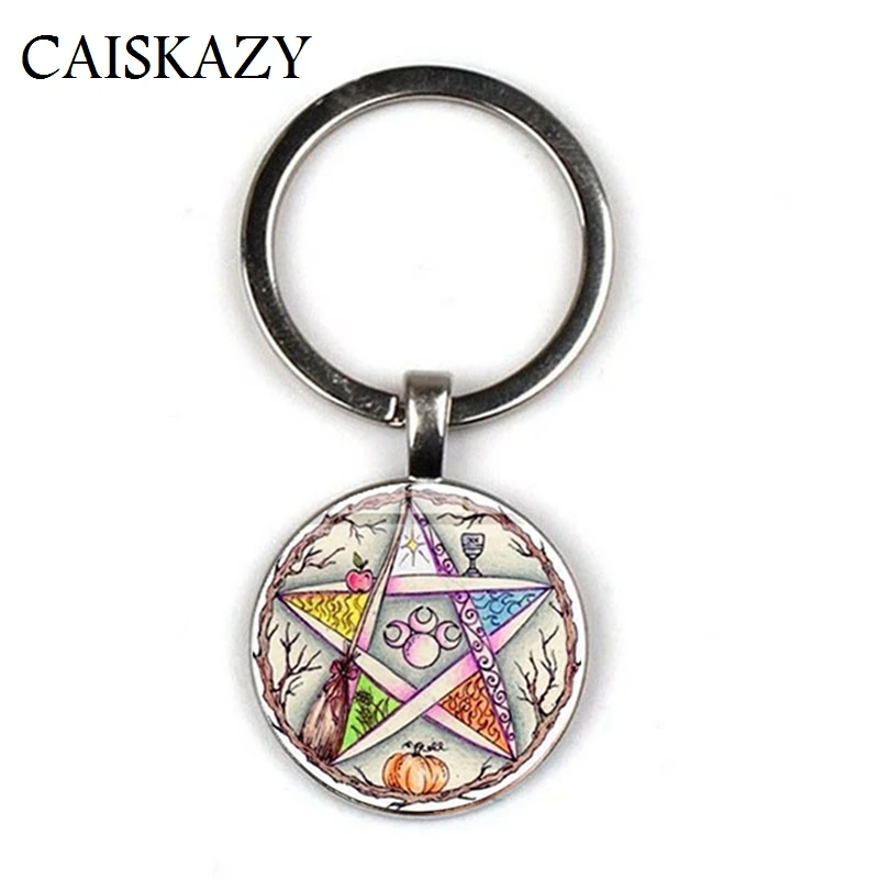 Esoteric Pentagram Wiccan Pendant Key Holder Tree of Life Wicca Star Vintage Photo Glass Dome Keychain