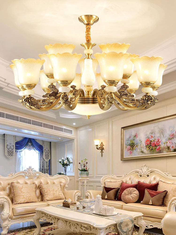 

European Luxury LED Chandelier Copper Compound Building Home Deco Large Fixtures Jade Living Room Bedroom Retro Hanging Lamp