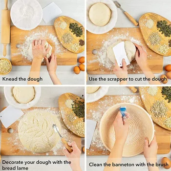 

Banneton Proofing Basket Artisan Bread - Set of 3 Dough Rising Handmade Rattan Bowl with Linen Cloth Bread Lame Scraper Brush Ba