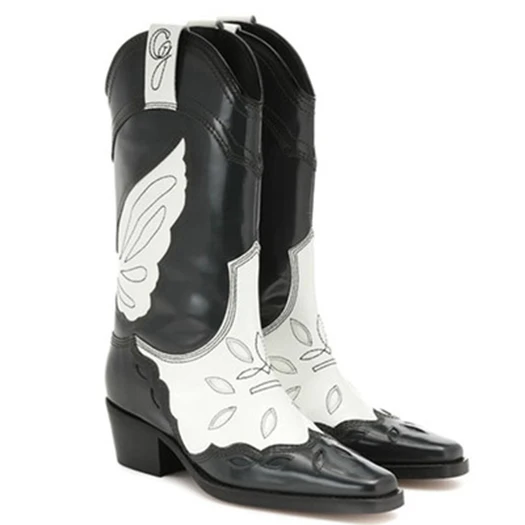 embroidered high quality western boots cowboy patent leather chunky shoes embroidery women black square toe cowgirl slip on heel - Цвет: Black white