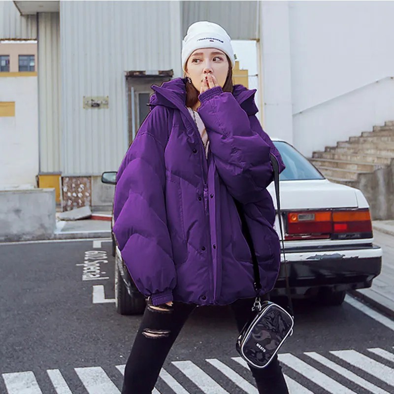 Purple Зимняя куртка с капюшоном Женская парка плюс размер пальто женское повседневное свободное плотное теплое пуховое хлопковое пальто женский тренд уличная - Цвет: Purple